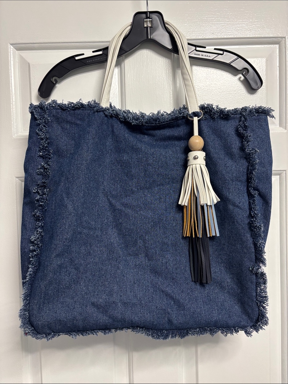 Sondra Roberts Squared Navy Blue Fringe Tote Bag with Tassel